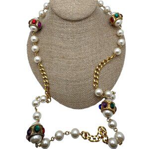 Vintage Gold Tone Simulated Pearl Chain Necklace Multicolor Costume Jewelry